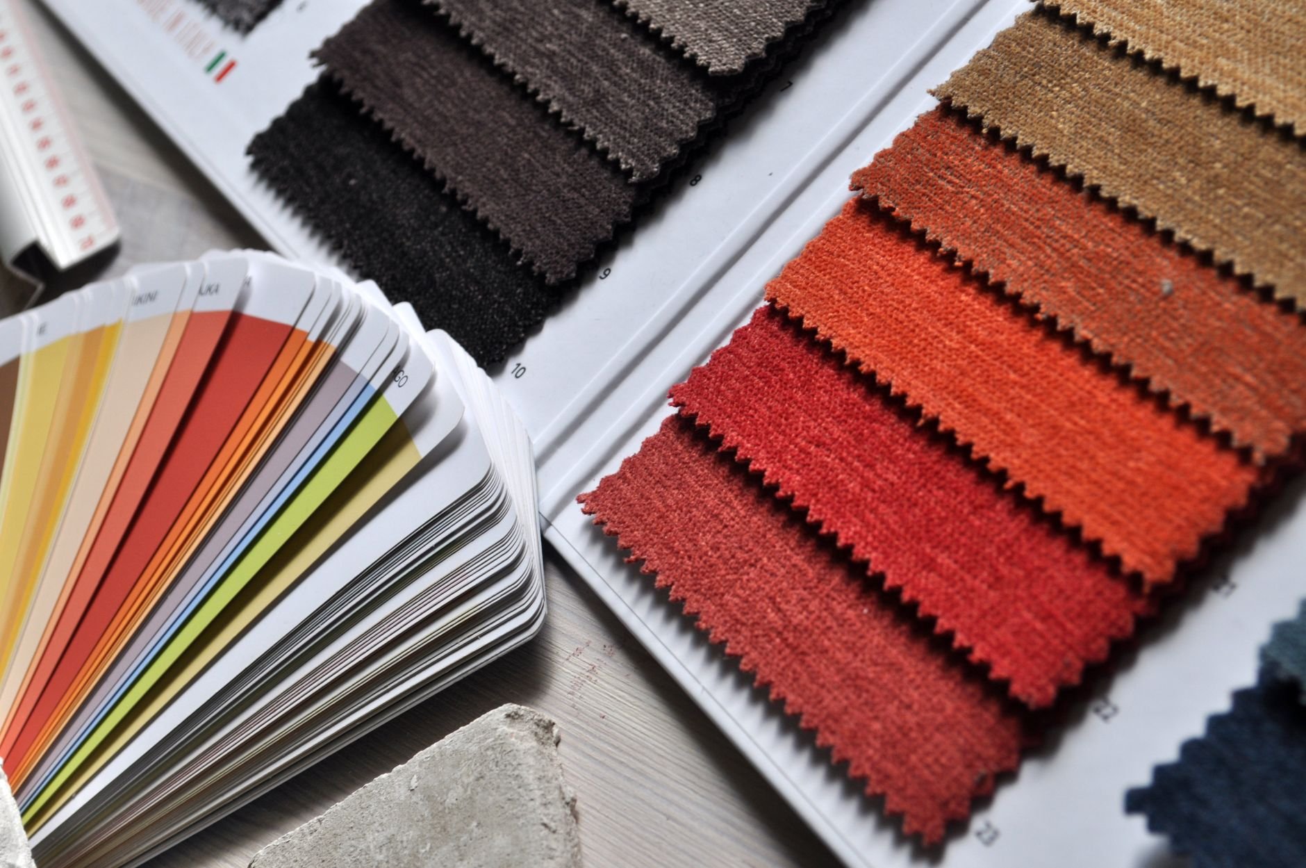 Close-up of fabric swatches and colour palette, ideal for interior design and textile projects.